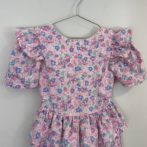 Vintage 80s/90s Floral Party Dress Girls L Pink Ruffle Easter Wedding Girly EUC - Picture 2 of 13